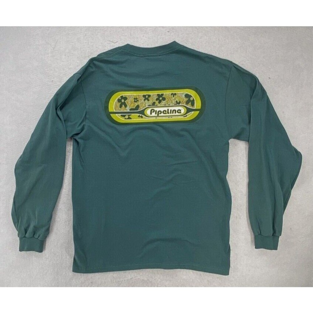 Vintage 90s Pipeline Surf Long Sleeve Shirt Large Made in USA Teal Green Graphic